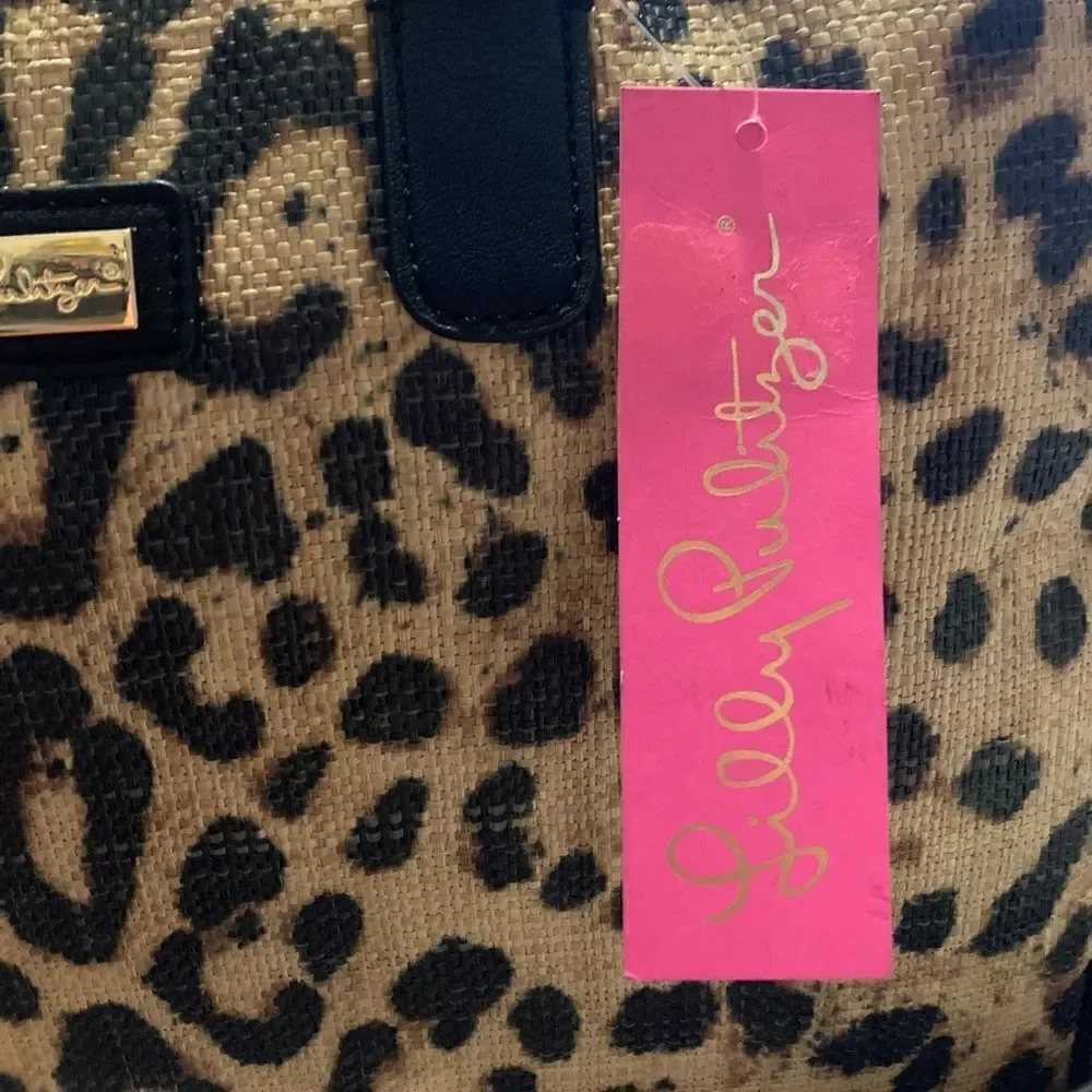 NWT Lilly Pulitzer Leopard Print Rattan Tote with Bamboo Handle